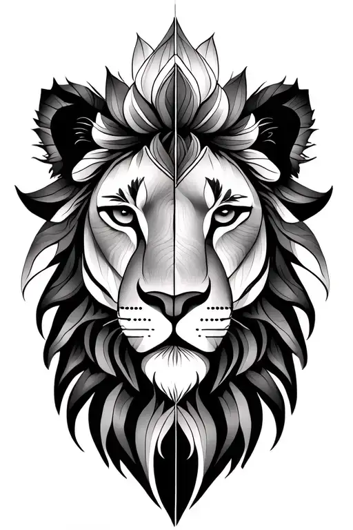 half lion head half lioness head, split in middle, with lotus flower in design,  in black grey scale  tattoo design idea