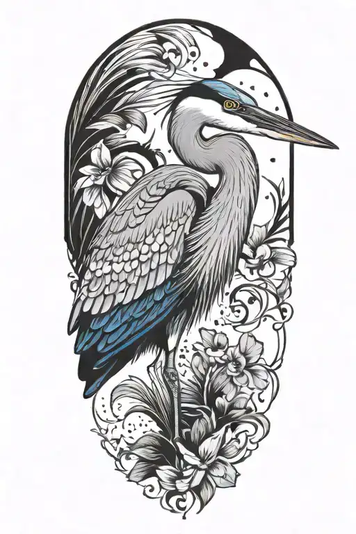 blue heron portrait, looking down, with wings spread tattoo design idea