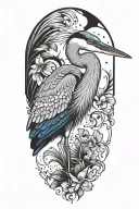 blue heron portrait, looking down, with wings spread tattoo design idea