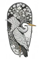 blue heron portrait, looking down, with wings spread tattoo design idea