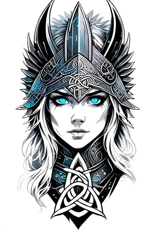 Valkyrie with blue eyes on armor tattoo design featuring Celtic trinity knot  tattoo design idea