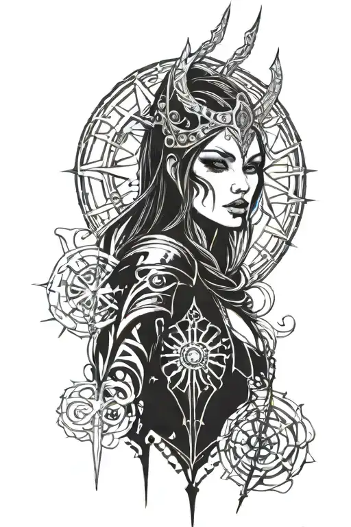 Neo-gothic and neo-tribal style, dark fantasy theme, knight woman tattoo design idea