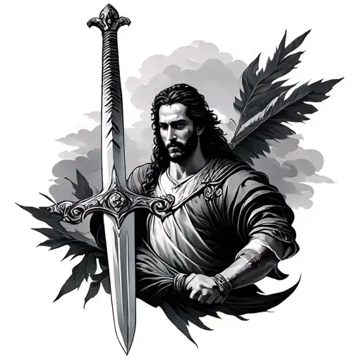 Create a unique tattoo based on the following tattoos: the central point is about Sao Miguel Arcanjo, his sword tattoo design idea