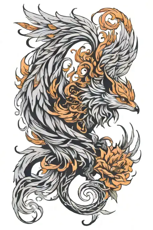pheonix and a nine tail fox curled   tattoo design idea
