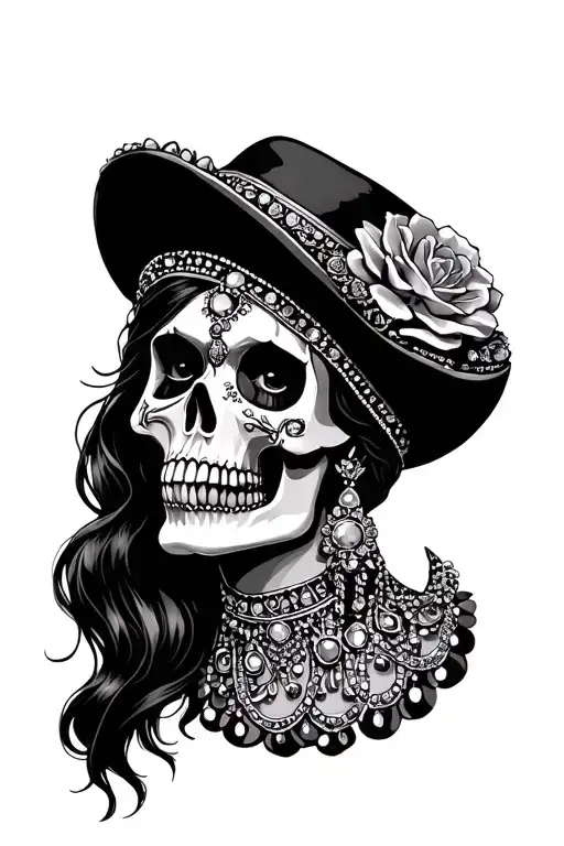 Gypsy Skull wearing jewels and half the face still a face  tattoo design idea