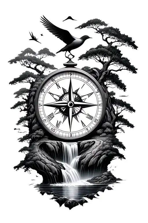 compass clock sun moon mountain waterfall trees rice terrace ocean birds tattoo design idea