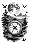 compass clock sun moon mountain waterfall trees rice terrace ocean birds tattoo design idea