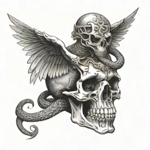 Snake around human skull with fangswhich was pierced by sword with eagle wings and the top of the tattoo design idea