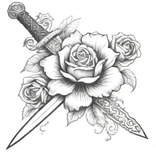 overlay sword Tudor Rose tattoo design idea