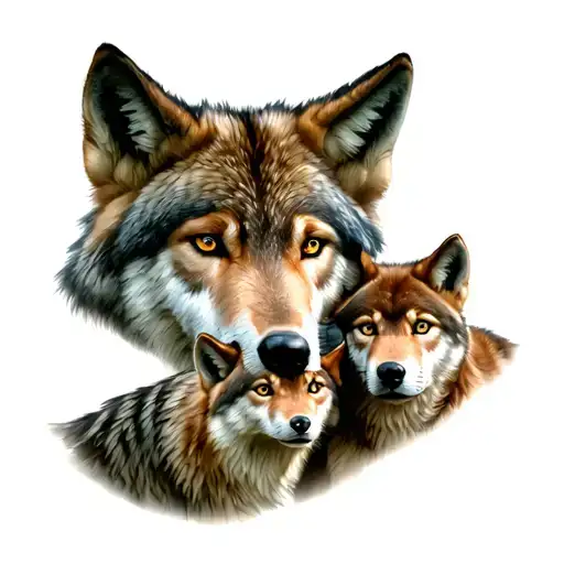 Male Wolf with 3 baby wolves tattoo design idea