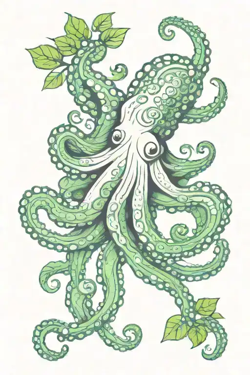 cute octopus and green leaves thick lines connecting different tattoo design idea