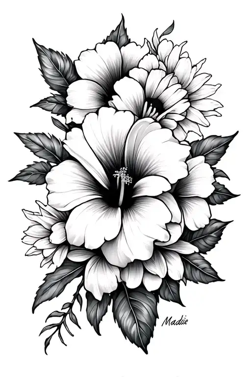 "Maddie jade" hibiscus sunflower plumeria tulips tattoo design idea