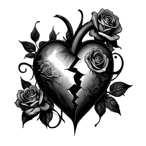 broken heart with roses tattoo design idea