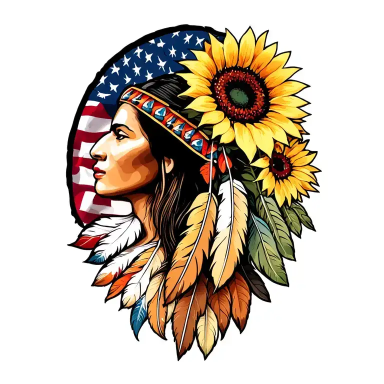American flag  sunflowers Cherokee Indian flag Cherokee feathers tattoo design idea