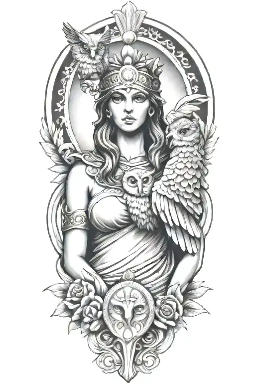 athena greek goddess with owl  tattoo design idea