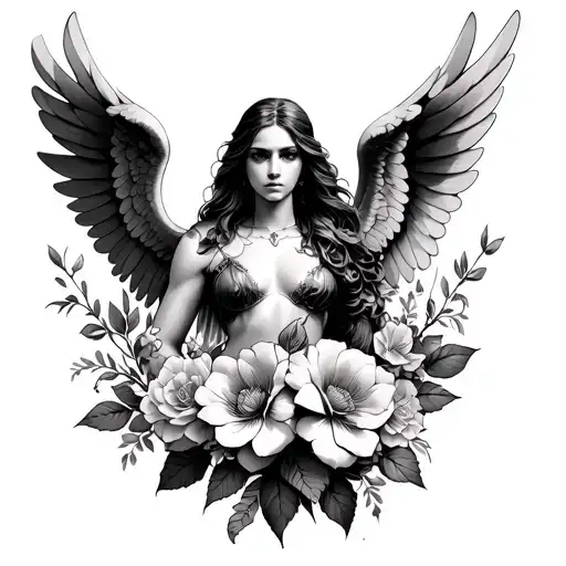 floral with a warrior angel inside tattoo design idea