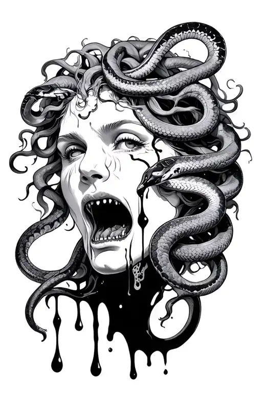 Medusa with snakes and crying black with black blood coming out mouth tattoo design idea