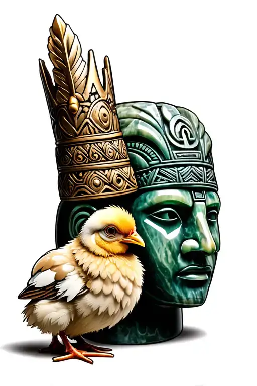 cute baby chicken wearing a macedonian crown standing next to or in front of a maori jade stone heru head  tattoo design idea