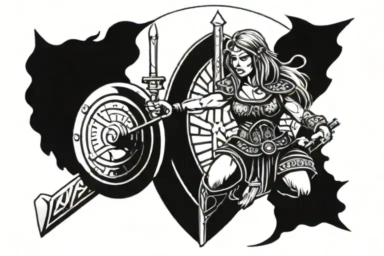 shield maiden with a barbell and norse symbols of power and strength incorporated  tattoo design idea
