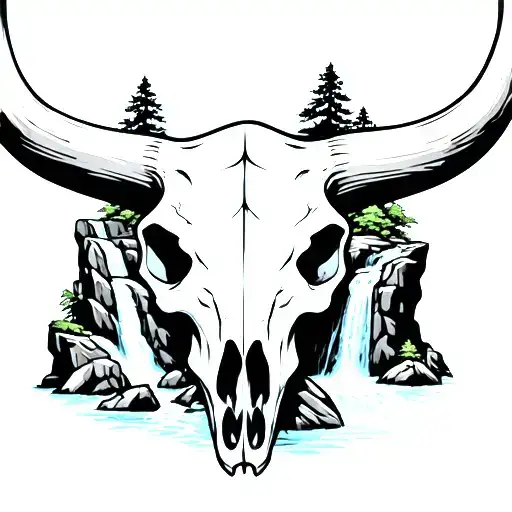 steer skull with grandmas birthday with rocky waterfalls tattoo design idea