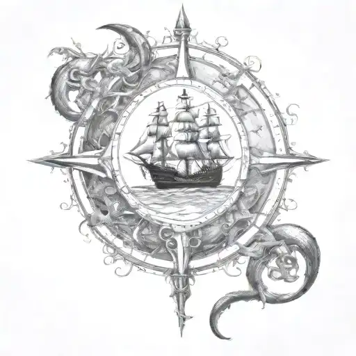 pirates of the Caribbean with compass, black pearl ship, kraken, jar of dirt  tattoo design idea