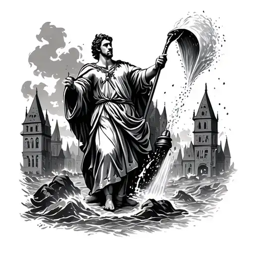 Saint Florian pouring water onto a city that's burning tattoo design idea