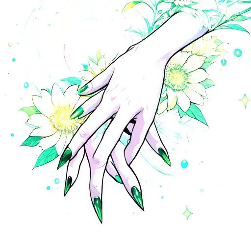 elegant hands, stiletto green nails, space flowers glowing with ethereal tints, and the Milky Way swirling behind it all tattoo design idea
