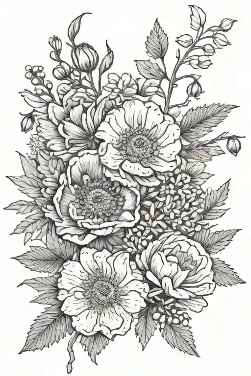 hawthorn flower, poppy flower, aster flower, holly flower tattoo design idea