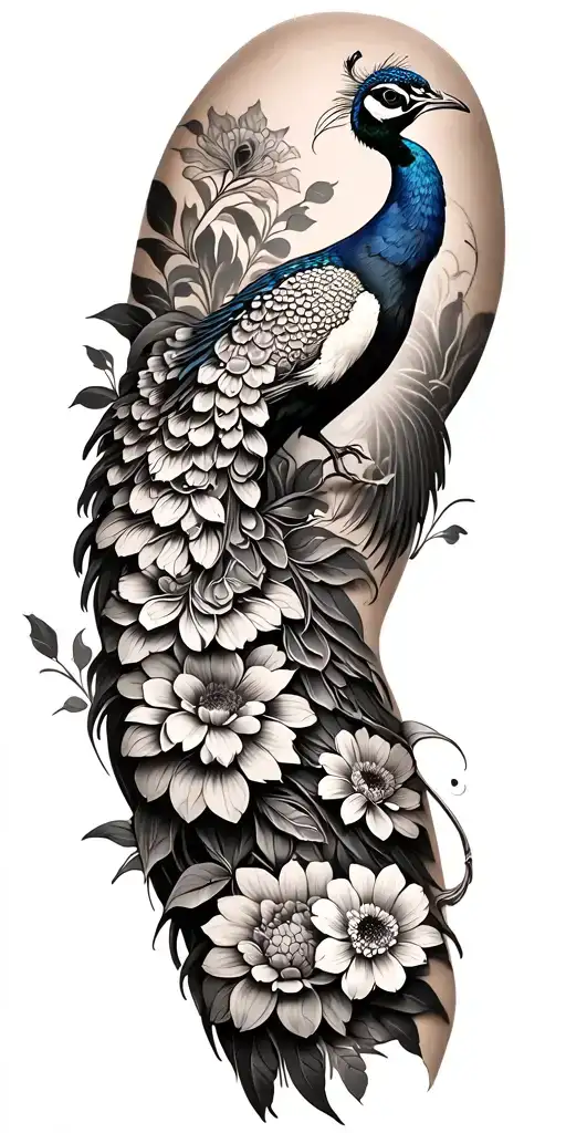 male peacock and chrysanthemum flowers japanese style around the arm tattoo design idea