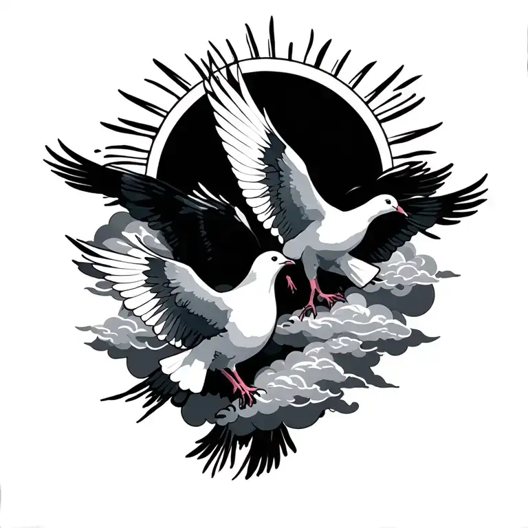 sun shine streaks 3 doves in a circle with clouds tattoo design idea