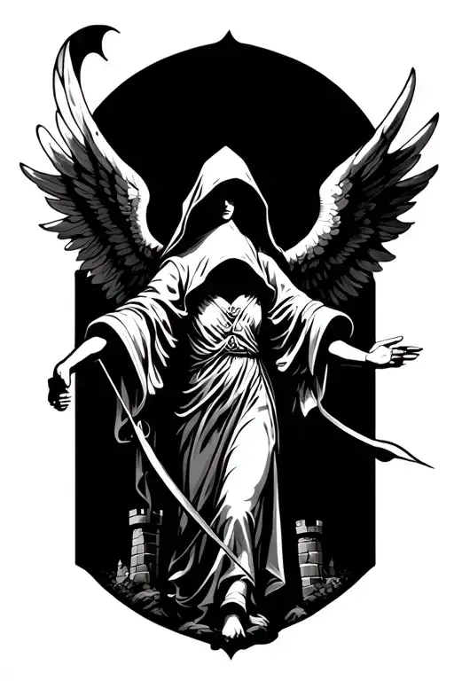 Angel with a hood and open wings, in the shadow of the wings a small fortress and in hand a bow tattoo design idea