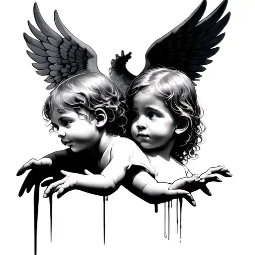 3 children's heads surrounded with protective hands left and right and wings facing upwards. tattoo design idea