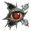 Realistic human eye, satanic pentagram, blood splatter, veins, Satan, Satanic. Metal bloody thorns tattoo design idea
