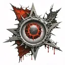 Realistic human eye, satanic pentagram, blood splatter, veins, Satan, Satanic. Metal bloody thorns tattoo design idea