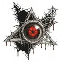 Realistic human eye, satanic pentagram, blood splatter, veins, Satan, Satanic. Metal bloody thorns tattoo design idea