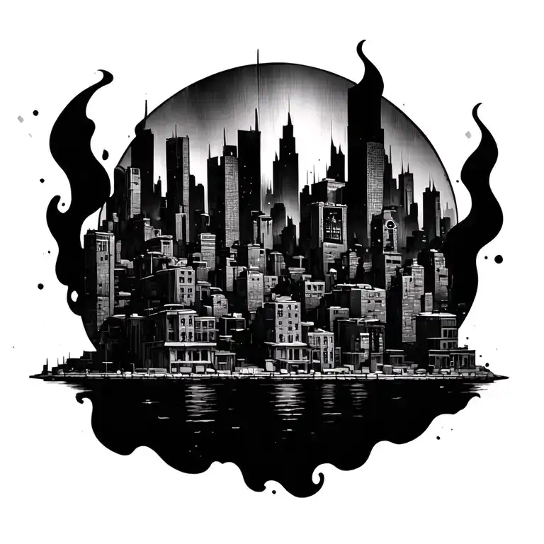 burning city view tattoo design idea