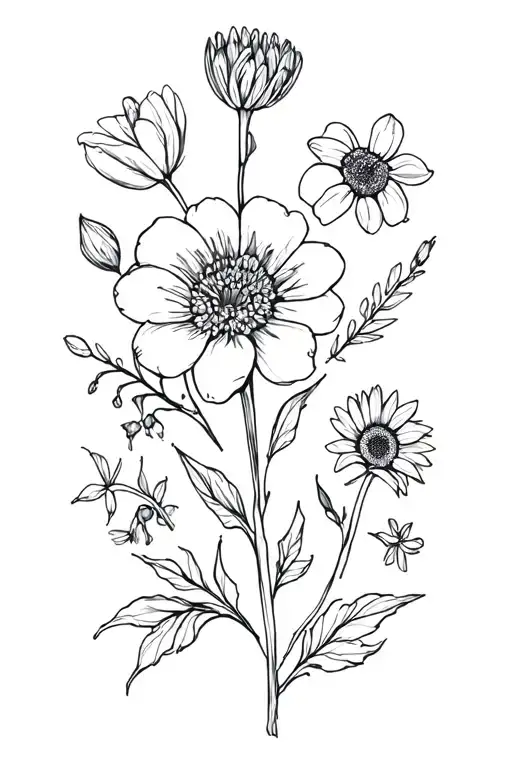 Flowers:Acacia, Alstroemeria, Allium, Bells of Ireland, Camellia, Bluebell, Forget-me-not, Iris, Vinca, and Sunflower tattoo design idea