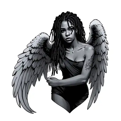 rip angel with dreads wings holding tattoo design idea