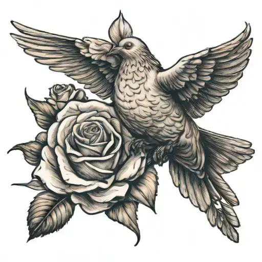 rose and dove flying tattoo design idea