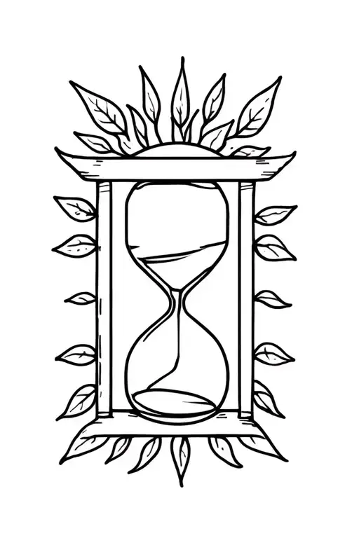 a sun, with an hourglass underneath, the whole thing in a square made by leaves tattoo design idea