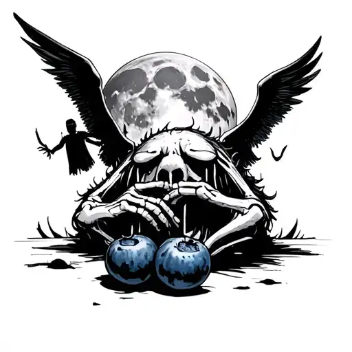 A sad monster squeezing a blueberry while crying desperately. A bloody moon in the background ans a skeleton angel flyin tattoo design idea