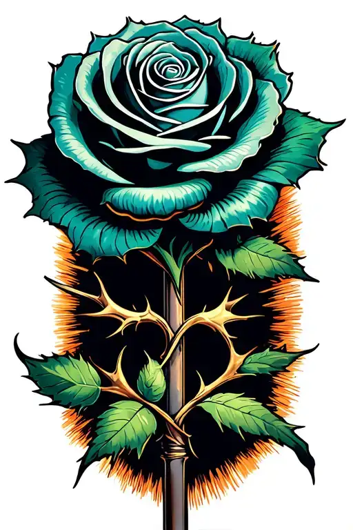 Top view of a rose. A snail on a metal rod with thorns. tattoo design idea