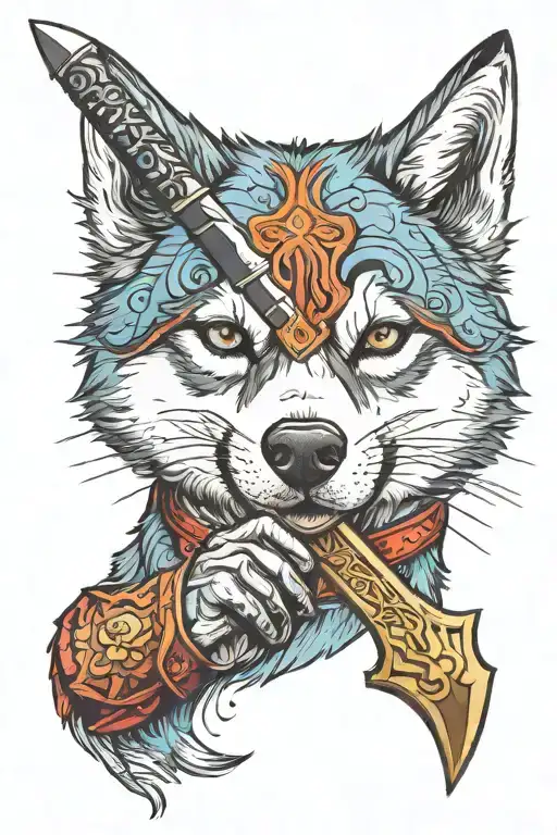 husky holding sword tattoo design idea