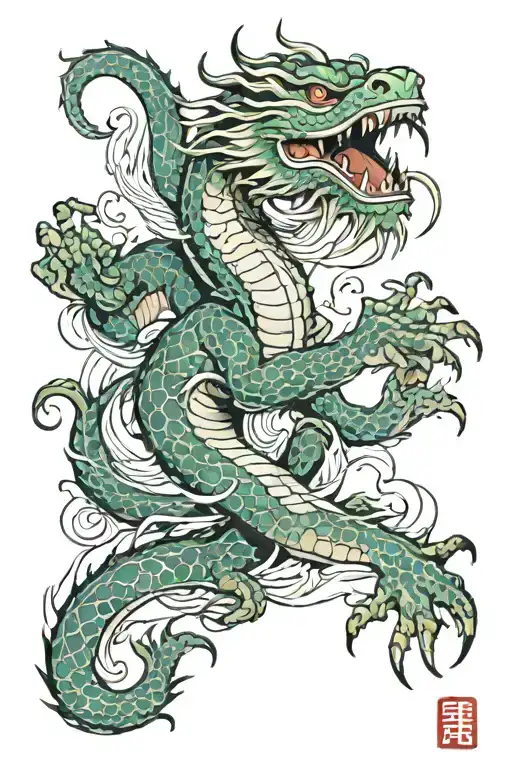 traditional korean water dragon with 4 claws on each foot, surrounded by swirling water streaks tattoo design idea
