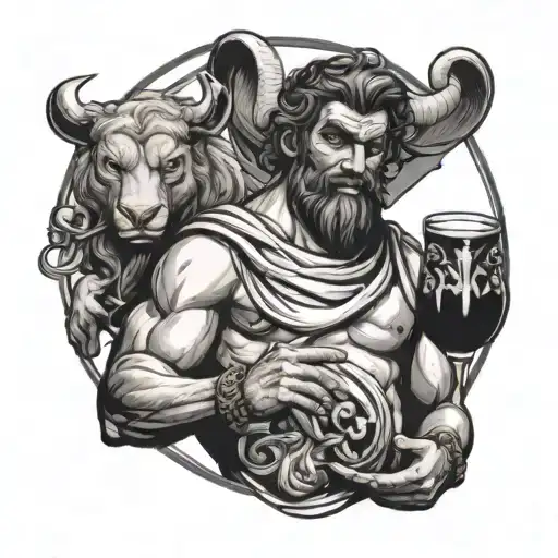 dioness Greek god holding devil mask over one side of his and the other holding wine tattoo design idea