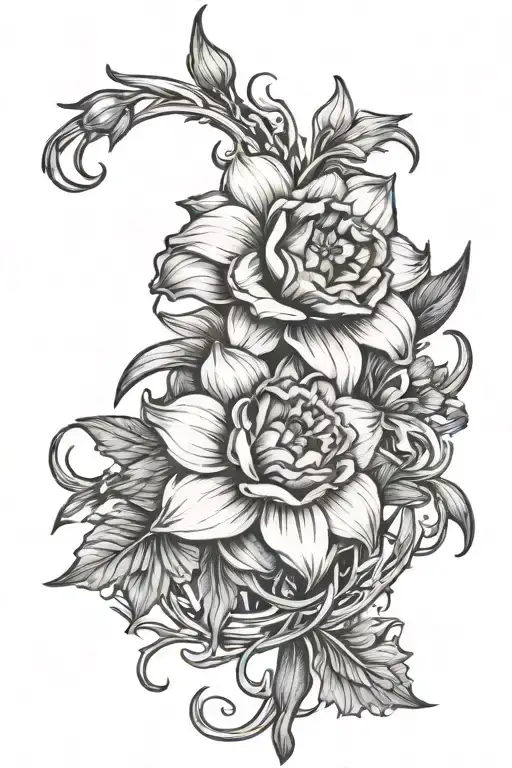 carnation daffodil marigold and narcissus around a crown of thorns tattoo design idea