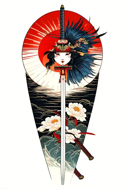 katana, Japanese sun, Shinto shrine tattoo design idea