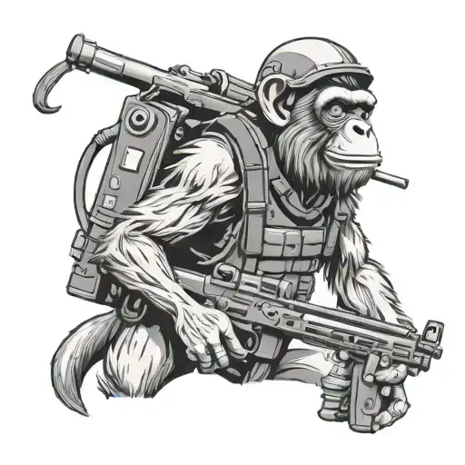 tactical full monkey with a 240 machine gun smoking a cigar along with a helmet with a ace of spade and cigarette pack tattoo design idea