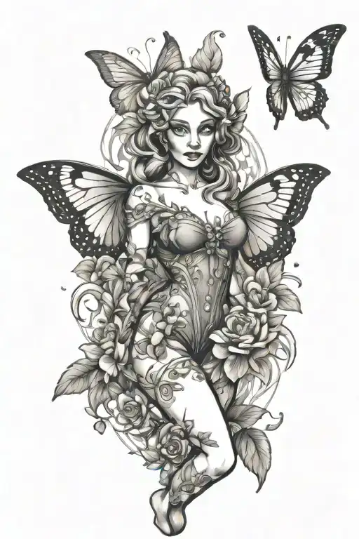 full body elf pinup girl surrounded by flowers and butterflies tattoo design idea