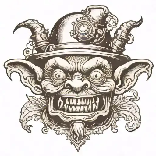 A goblin head that includes an ornate cauldron on his head that has feet instead of pegs for a stand. tattoo design idea